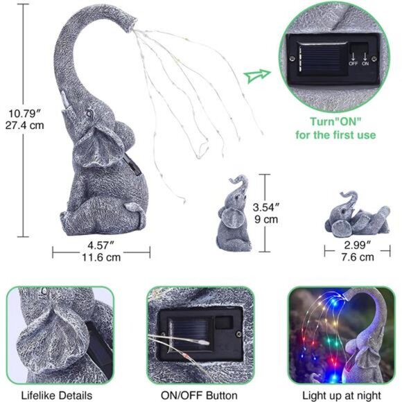 Garden Elephant Statue Outdoor - Elephant Gifts with Solar Watering Lights - Picture 3 of 8